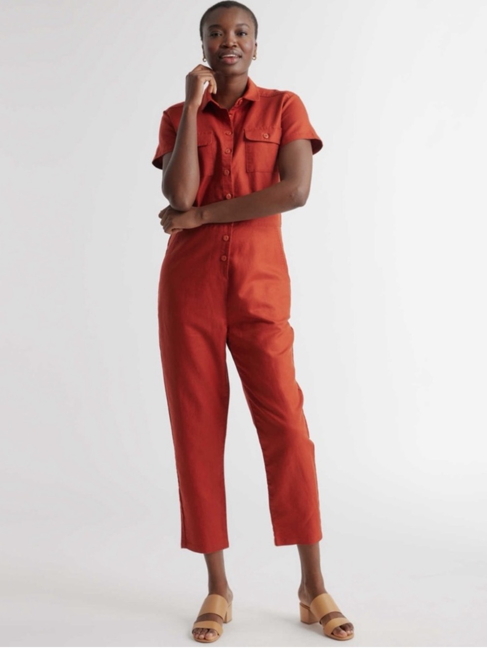Quince Cotton Linen Twill Coverall Jumpsuit in Rust Red NWT